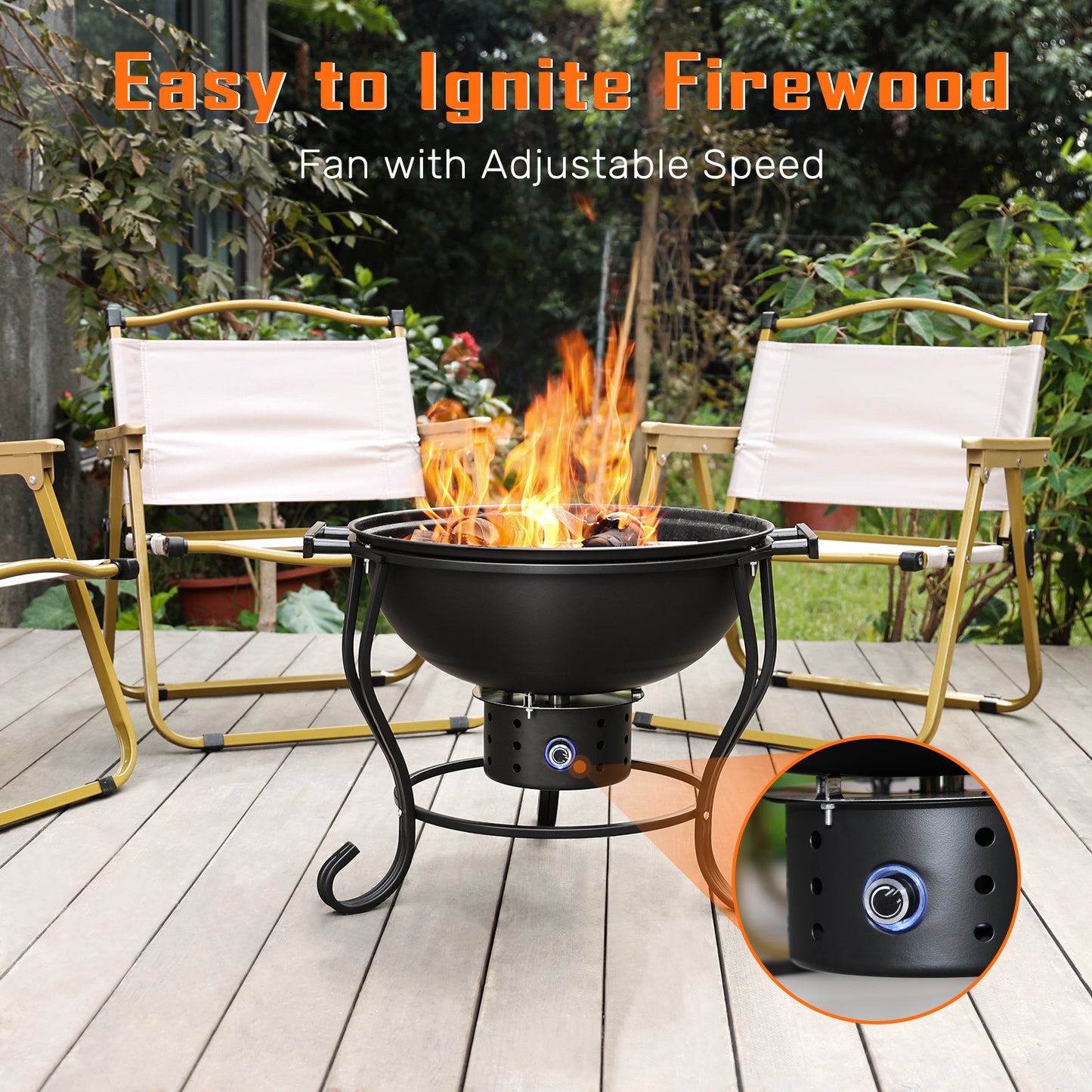 TOKTOO 2 in 1 Fire Pit with Grill, 17" Wood Burning Fire Pit with Adjustable Fan, Cooking Grate, Versatile Portable Charcoal Grill, Outdoor Firepit for Patio, Backyard Bonfire, Outside Cooking