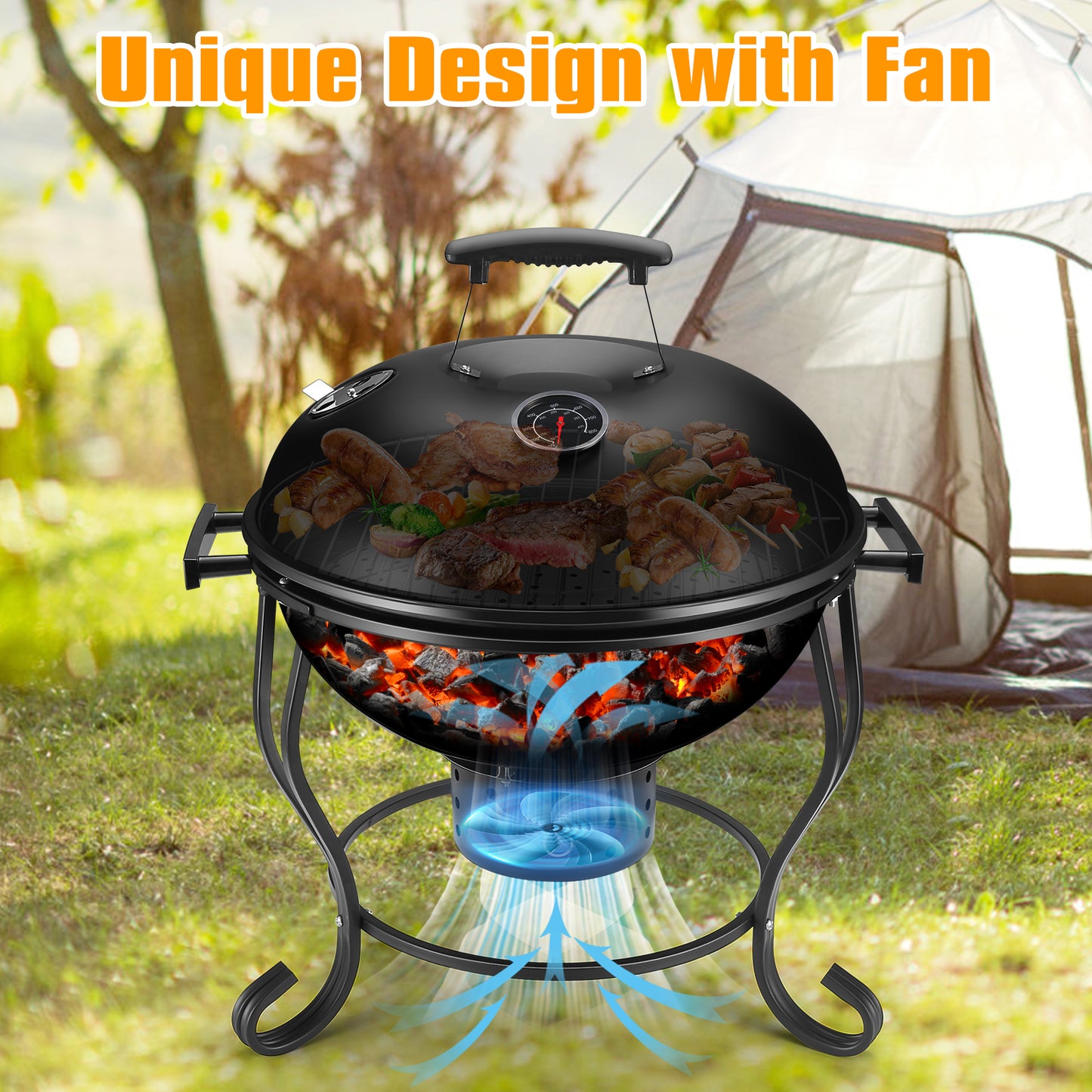 TOKTOO 17 inches Portable Charcoal Grill with Adjustable Fan, 2 in 1 Grill, Versatile Fire Pit for Camping & Outdoor Cooking