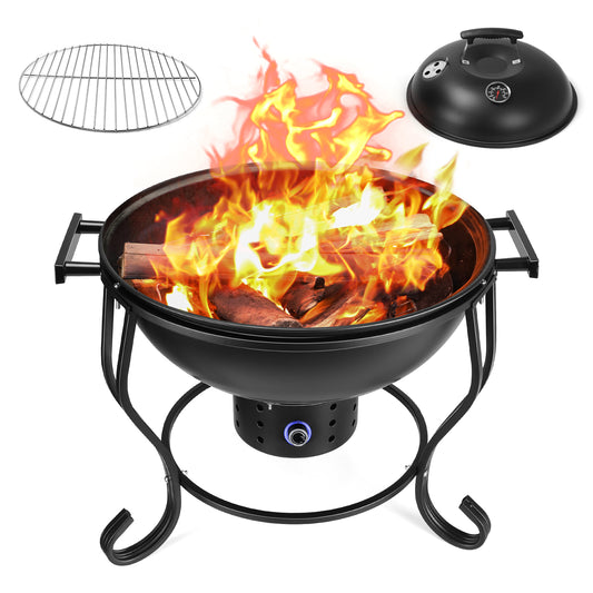 TOKTOO 2 in 1 Fire Pit with Grill, 17" Wood Burning Fire Pit with Adjustable Fan, Cooking Grate, Versatile Portable Charcoal Grill, Outdoor Firepit for Patio, Backyard Bonfire, Outside Cooking