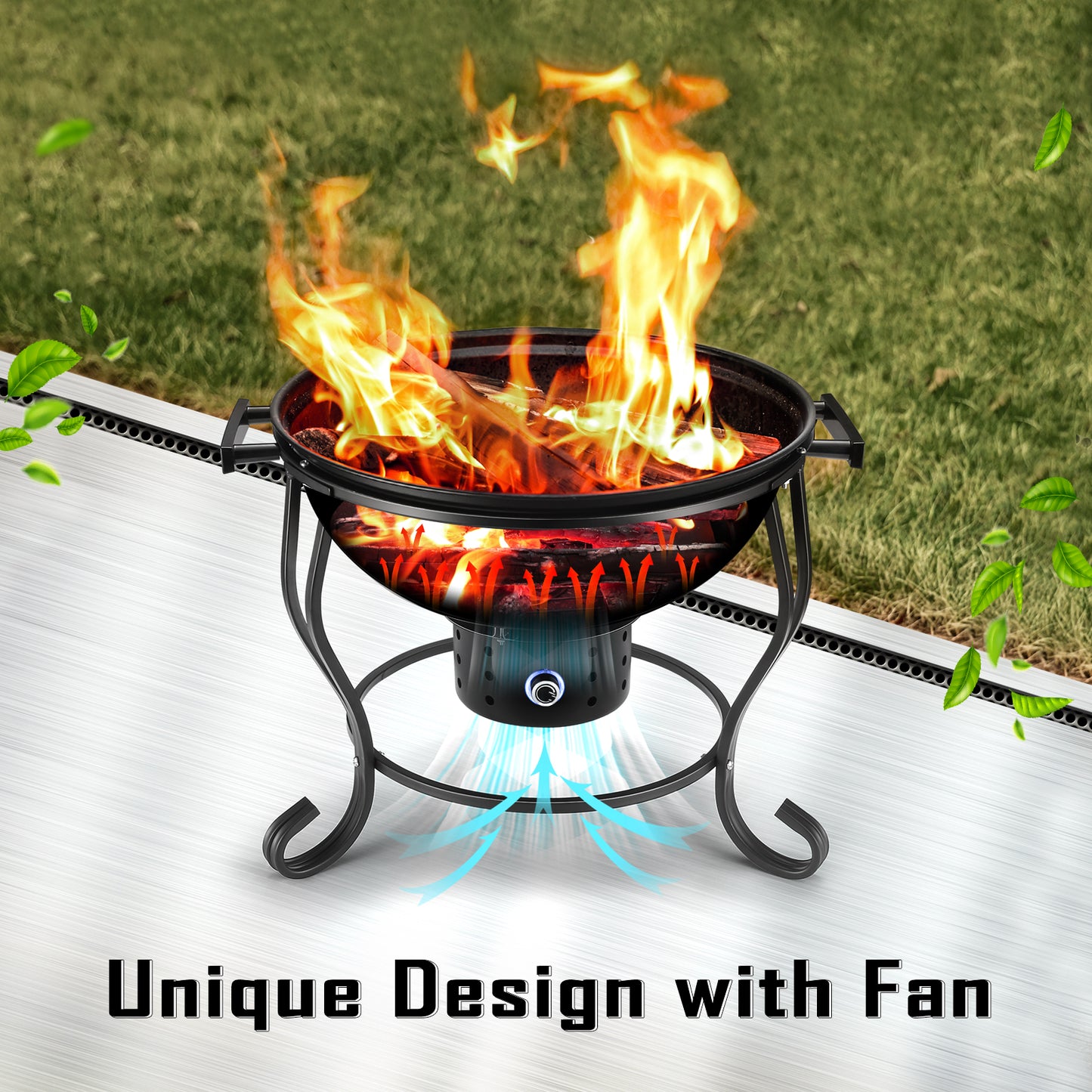 TOKTOO 2 in 1 Fire Pit with Grill, 17" Wood Burning Fire Pit with Adjustable Fan, Cooking Grate, Versatile Portable Charcoal Grill, Outdoor Firepit for Patio, Backyard Bonfire, Outside Cooking