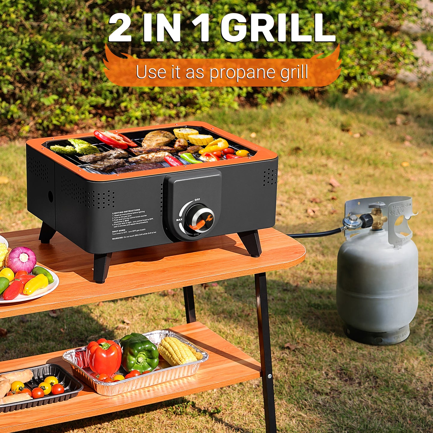 TOKTOO Portable Propane Grill with Gas Regulator & Adaptor, 2 in 1 Tabletop Gas and Charcoal Grill