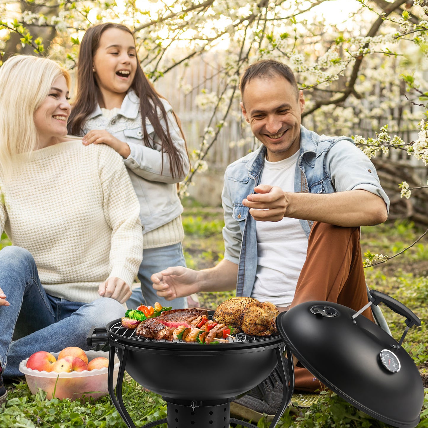 TOKTOO 17 inches Portable Charcoal Grill with Adjustable Fan, 2 in 1 Grill, Versatile Fire Pit for Camping & Outdoor Cooking